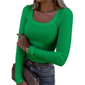Roselux Ribbed Knit Long Sleeve Scoop Neck Slim Fit Casual Top for Women